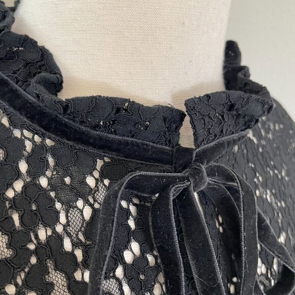 Ann Taylor Womens Large Tall Black Lace Yoke Long Sleeve Blouse Front Neck Tie - Picture 6 of 12